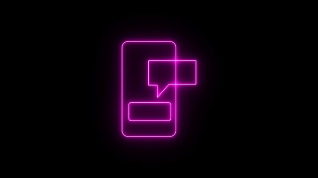 Glowing neon pink icon of a smartphone with a speech bubble notification coming out of it. Animated mobile messaging, text chat or smartphone notification overlay on a black background.