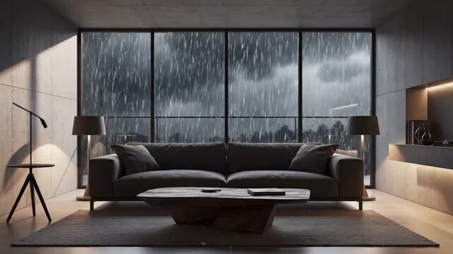 Cozy modern living room with large window overlooking a stormy rainy day with dramatic clouds and distant trees