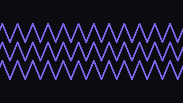 Zigzag lines in vibrant purple run horizontally across a dark black field in a rhythmic sequence. zig zag line flow moving velocity animation