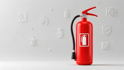 Obraz premium Crucial red fire extinguisher on a minimalist white background, accompanied by embossed safety icons, symbolizing fire protection, emergency readiness, and prevention.