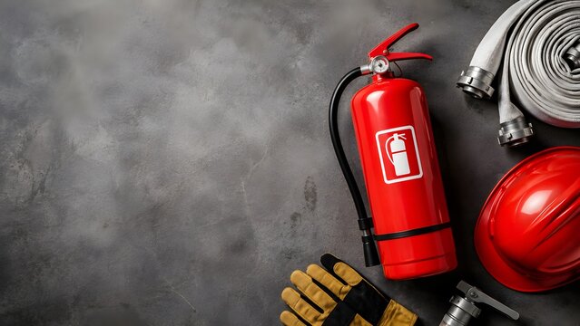 Essential fire safety and emergency protection equipment, including a red fire extinguisher, helmet, coiled hose, and gloves, emphasizing preparedness and prevention.
