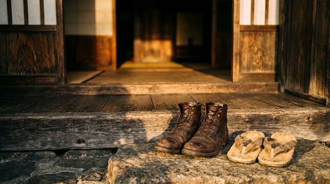 Nostalgic Old Boots and Zori at a Traditional Japanese House Entrance in Warm Light