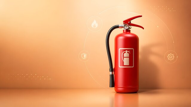 Modern fire extinguisher standing prominently, surrounded by digital icons representing comprehensive safety protocols, emergency response, and overall protection.