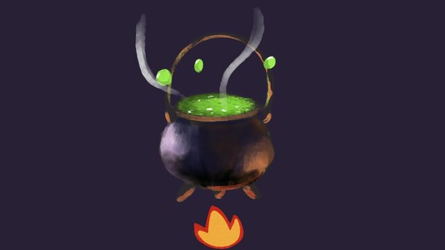 Halloween witch cauldron with bubbling green potion and fire loop animation