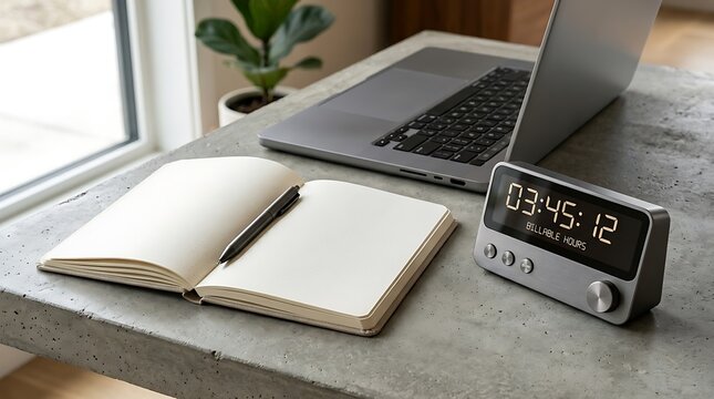 Minimalist modern desk setup featuring a time tracking device displaying billable hours alongside notebook and laptop