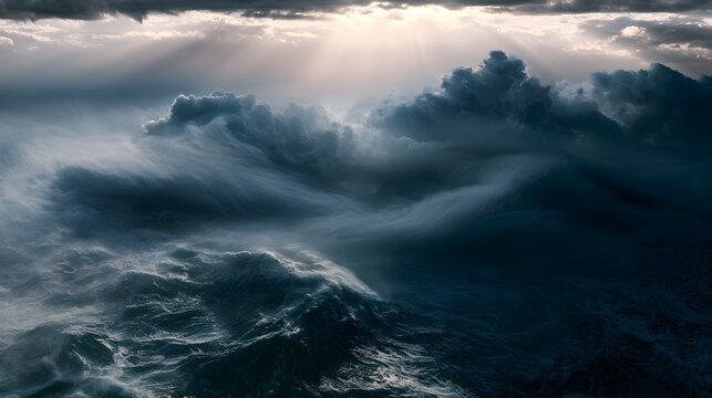 Ocean Storms Dramatic Aerial View Raw Power of Nature Cinematic Overcast Sky Rays of Sunlight