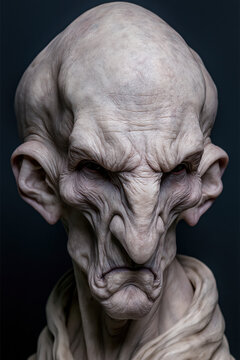 ufo, uap, aav, nhi, alien draconian portrait, gray face with large folded head and stern expression, photorealistic