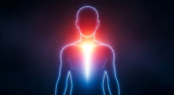 Glowing human silhouette with vibrant energy aura in dark futuristic background