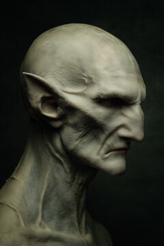 ufo, uap, aav, nhi, alien draconian portrait, pale bald head with long hooked nose in side view, photorealistic