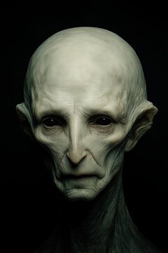 ufo, uap, aav, nhi, alien draconian portrait, pale elongated bald head with narrow black eyes, photorealistic