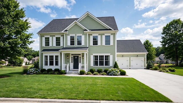 Modern suburban family home exterior. Residential house with green siding and garage.