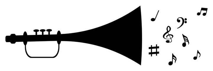 TRUMPET BRASS INSTRUMENT WITH MUSICAL NOTES MUSIC VECTOR SILHOUETTE © Welly