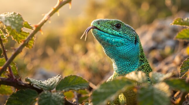 male european green lizard (lacerta bilineata) flicking its tongue