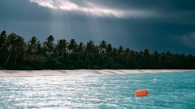 Serene tropical beachscape captures sunlight through clouds a tranquil escape to paradise