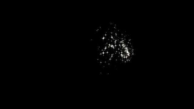 Abstract white glowing glitter line transition animation, with twinkling star particles, and magic fairy dust burst overlay clip for dark video editing on black background. 4k loop asset design