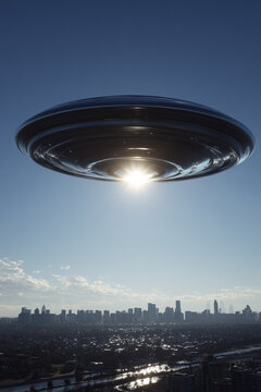 ufo, uap, aav, nhi, flying saucer, massive dark disc above distant city skyline and waterfront, photorealistic