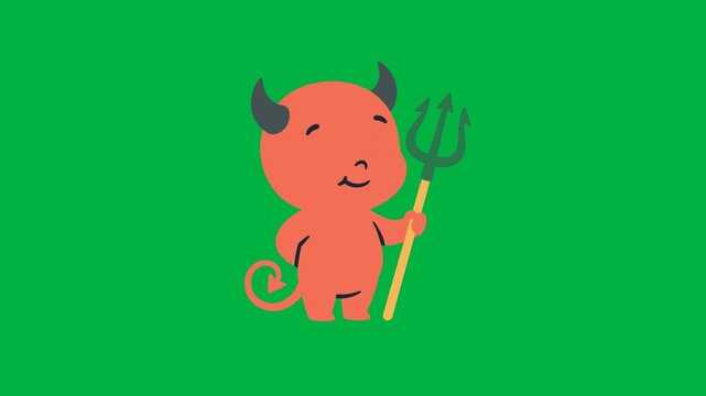 Cute cartoon devil character with horns and trident, standing and smiling against a green background, simple animation
