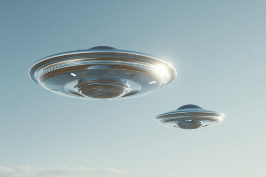 ufo, uap, aav, nhi, flying saucers, two chrome discs hovering against pale blue sky, large left craft, photorealistic