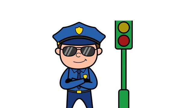 Cartoon police officer standing with arms crossed next to a traffic light, static shot