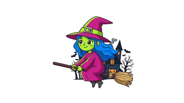Cute cartoon witch flying on broomstick past haunted house, bats, and bare trees, Halloween animation loop