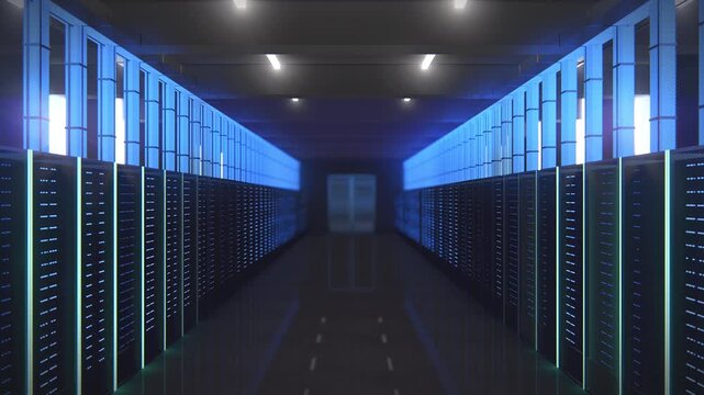 SciFi Data Center Server Room 4K Seamless Loop. Futuristic data center server room interior with blinking blue and green LED lights. Clean architectural animation of dark industrial mainframe hardware