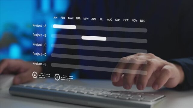Managing project management timeline roadmap and milestone progress on a Gantt chart interface. Concept of corporate scheduling, workflow planning, and operations optimization.