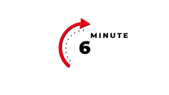 6 Minutes Red Circular Arrow Clock Timer Icon Isolated On White Background 4k.