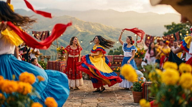 Group of women dancing in traditional colorful dresses outdoors at sunset