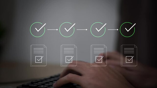 Business checklist interface showing completed tasks, milestones and workflow progress. Professional project management, quality control and document approval concept.