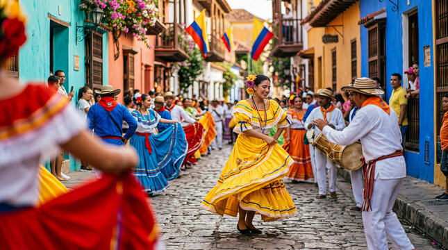 Colombian dancers performing traditional folk dance on historic cobblestone street