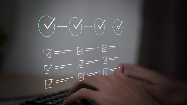 Business checklist interface showing completed tasks, milestones and workflow progress. Professional project management, quality control and document approval concept.