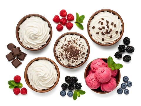 Assorted fruit sorbets in bowls with berries