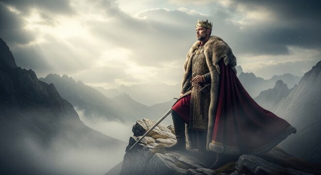 Majestic king standing on rocky mountain peak.