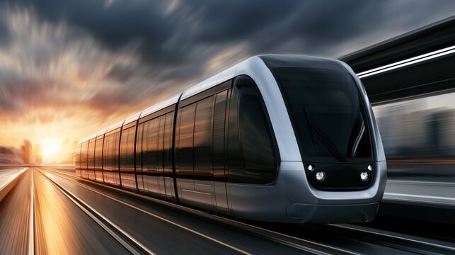 Modern High-Speed Train Approaching Station with Dramatic Sunset and Motion Blur, Urban Landscape in Background, Futuristic Transport Technology