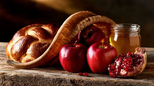 Rosh Hashanah celebration with shofar apples honey challah pomegranate on wooden table