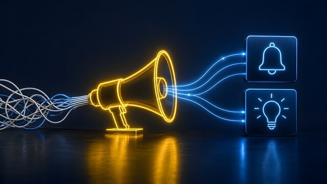 Neon megaphone transforming messy wires into organized digital notification and idea icons