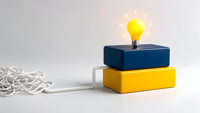 Tangled wire untangling to power a glowing yellow lightbulb on top of blue and yellow stepping stones
