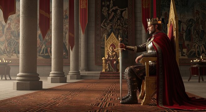 Medieval king sitting on throne in grand hall.
