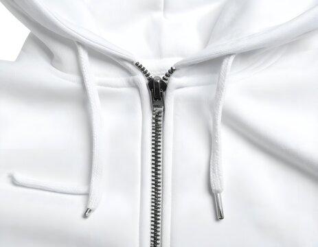 Close up of white hoodie metal zipper and drawstring.