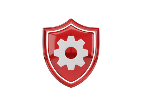 A shiny red three dimensional shield icon with a white gear symbol isolated centrally