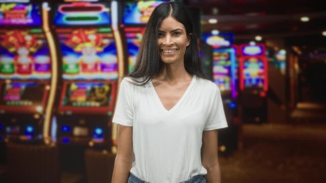 Woman in white shirt smiling and reaching her hand toward slot machines in a building; luck optimism fun.