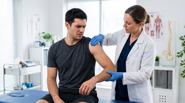 Doctor Examining Patient's Arm: A concerned male patient sits on an examination table while a female doctor, wearing a white coat and blue gloves.