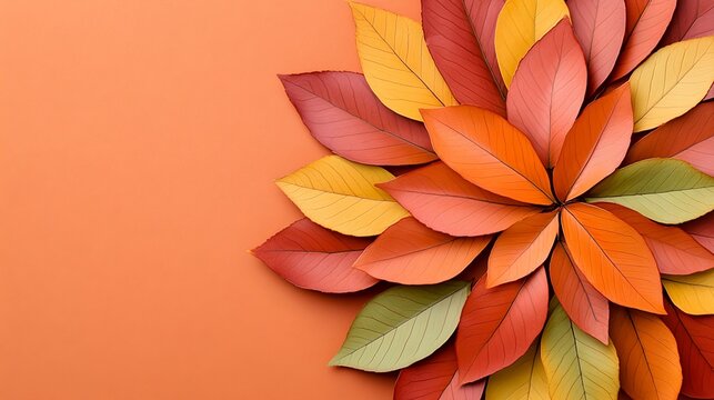 Colorful Autumn Leaves Circle Design on Orange Background