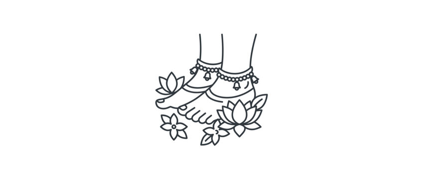 Traditional Indian Bride Feet with Payal Anklets and Lotus Flowers Minimalist Line Art Illustration