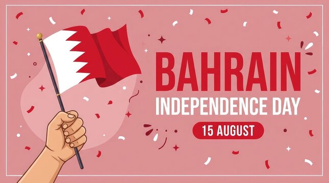 Bahrain Independence Day 15 August banner with hand holding national flag