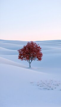 Solitary tree ablaze amidst dunes a tranquil serene landscape bathed in soft morning light
