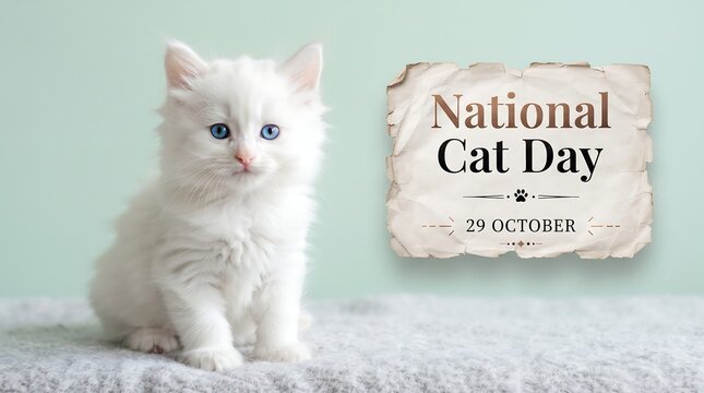 A fluffy white kitten with blue eyes sitting on a soft grey surface against a light green background, with a national cat day sign on the right