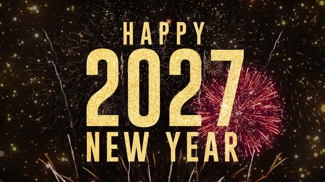 A New Year's 2027 greeting featuring gold-colored text and festive fireworks at night. A festive New Year's Eve, perfect for social media and billboards.