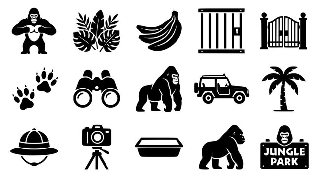 Gorilla jungle park safari elements with binoculars and camera in silhouette Vector Isolated on white background