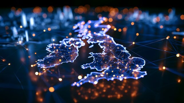 United Kingdom network visualization futuristic cityscape glows with innovative digital connection